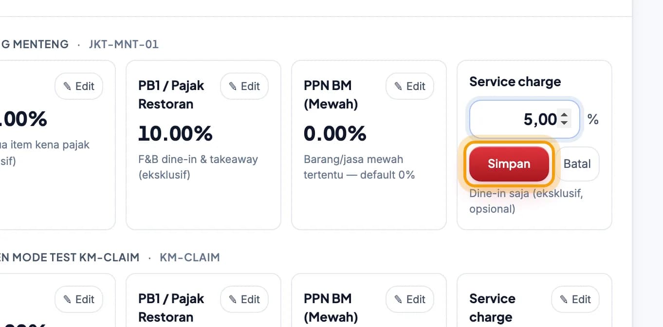 Kolom persen tarif yang sedang diubah, tombol Simpan disorot