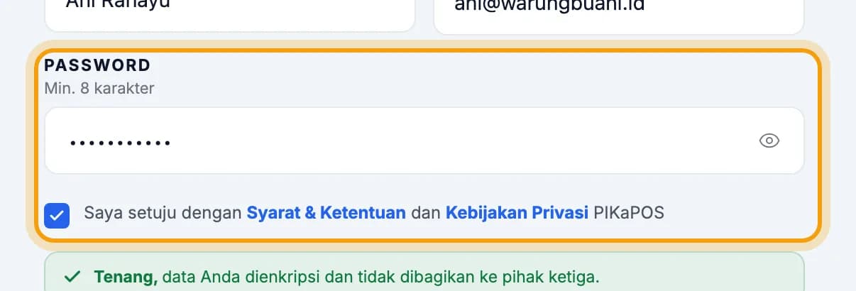 Kolom Password dan kotak persetujuan Syarat & Ketentuan disorot