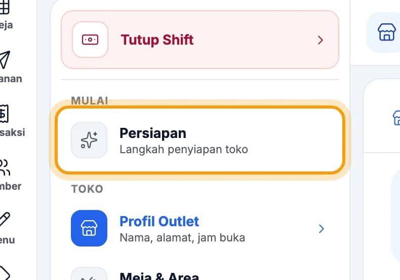 Menu Pengaturan di tablet, Persiapan disorot