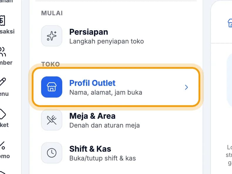 Menu Pengaturan di tablet, Profil Outlet disorot