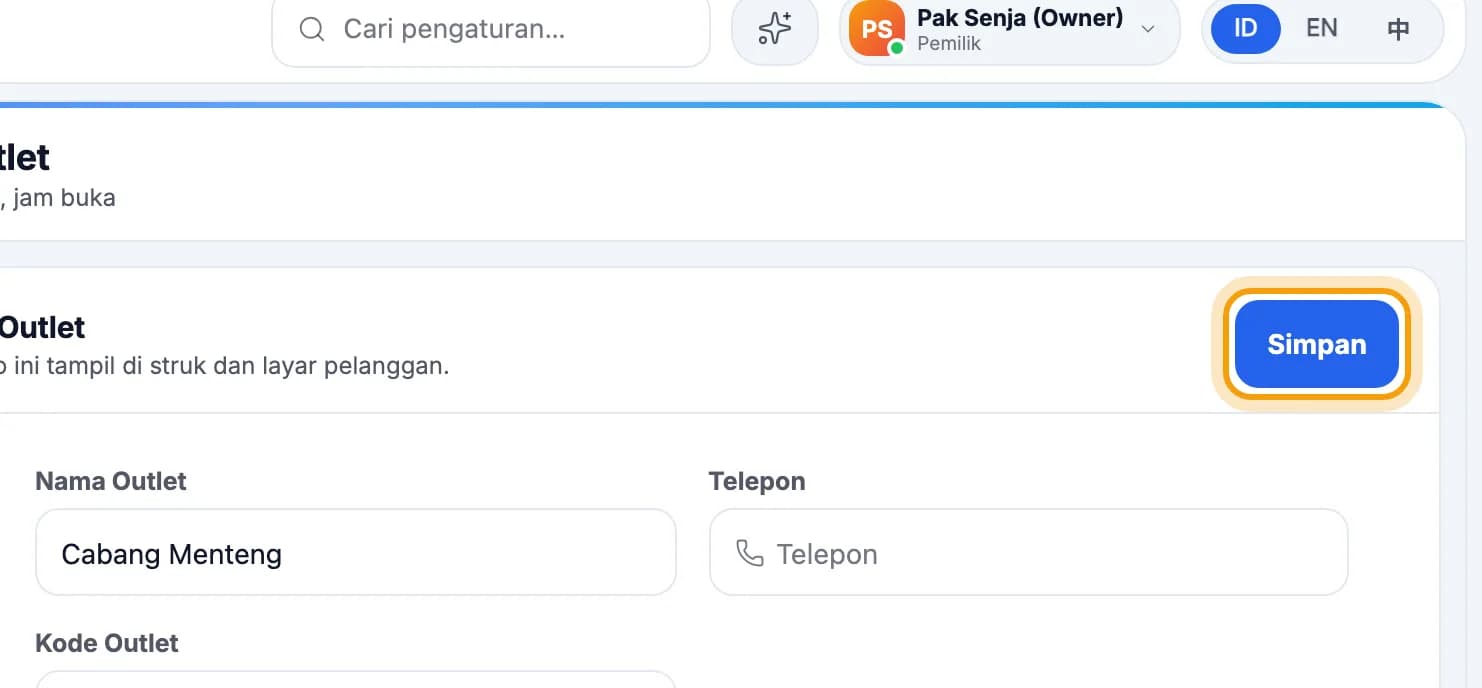 Kartu Identitas Outlet, tombol Simpan disorot