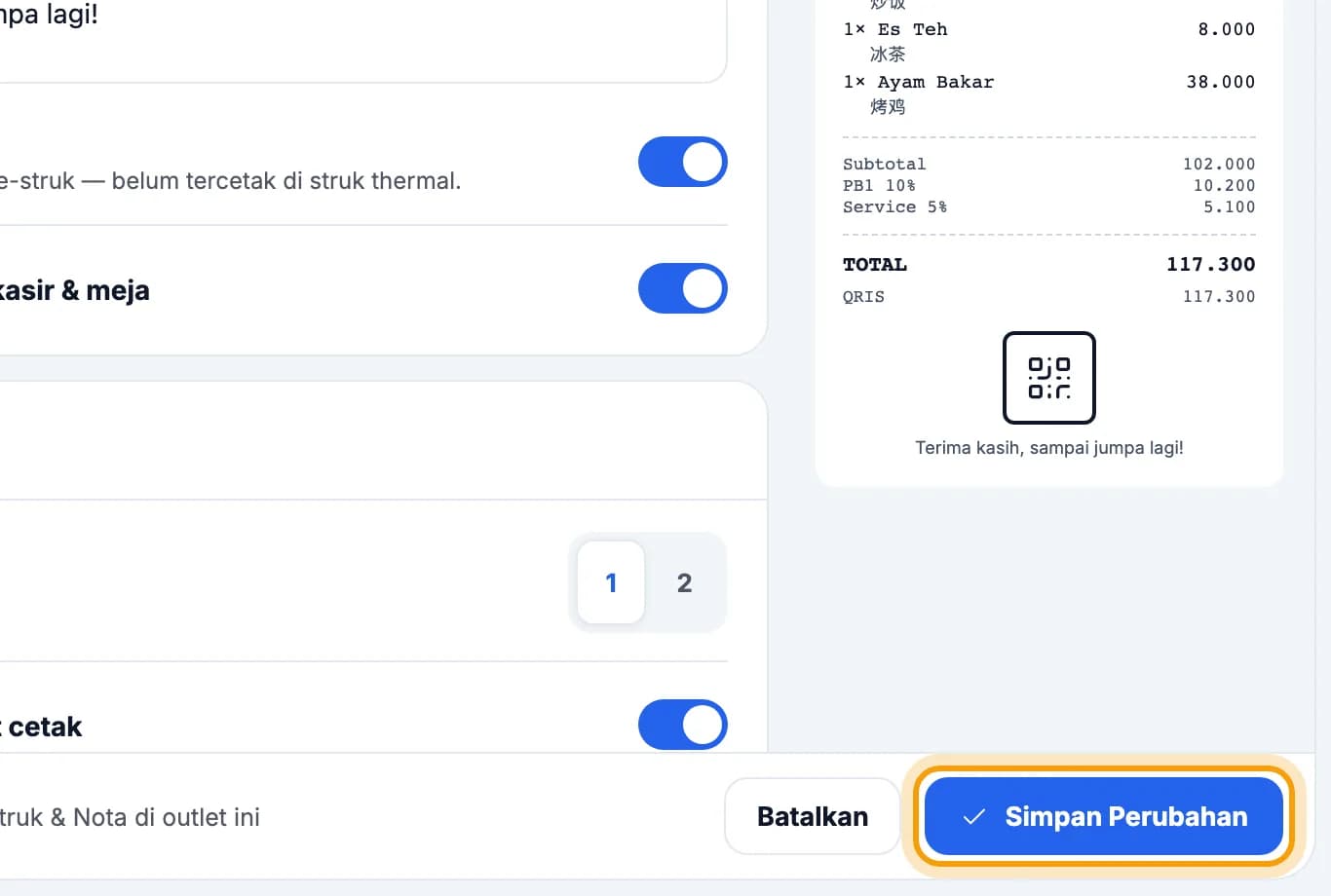 Pengaturan Struk & Nota dengan pratinjau struk, tombol Simpan Perubahan disorot