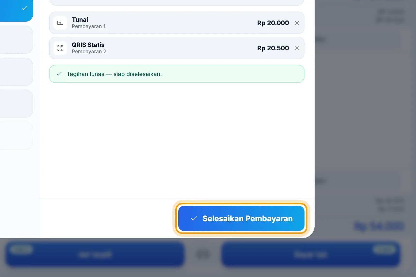 Dua pembayaran tercatat, tombol Selesaikan Pembayaran disorot