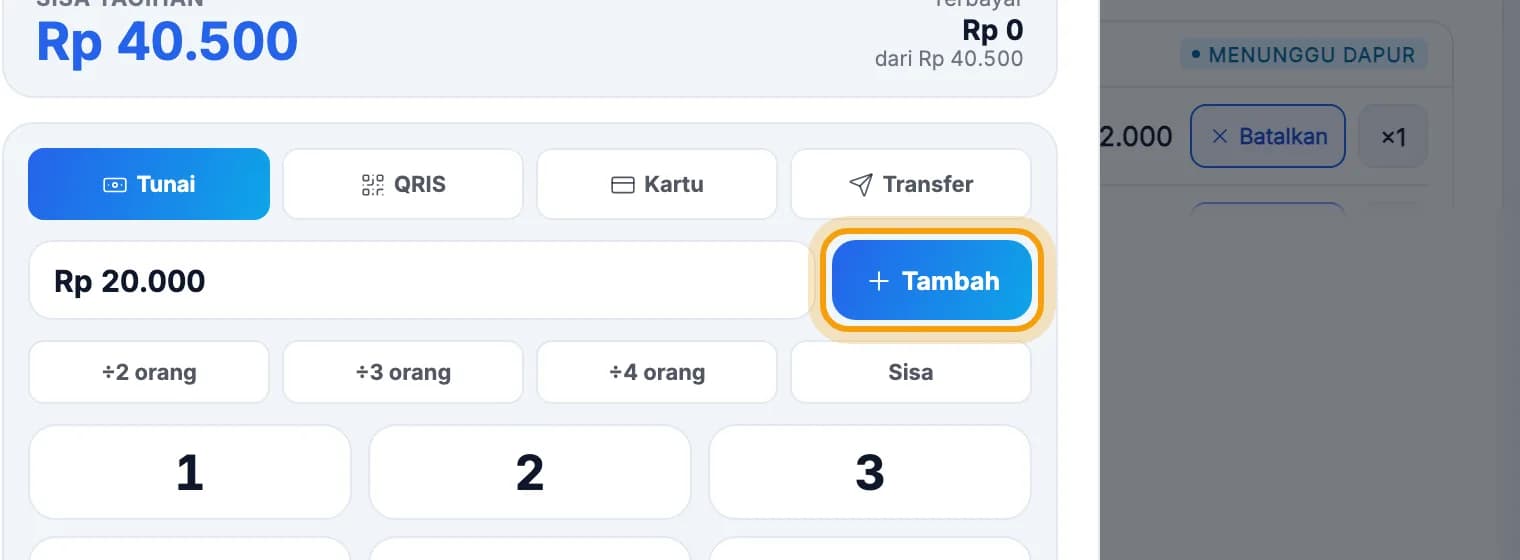 Baris pembayaran bagi, tombol Tambah disorot
