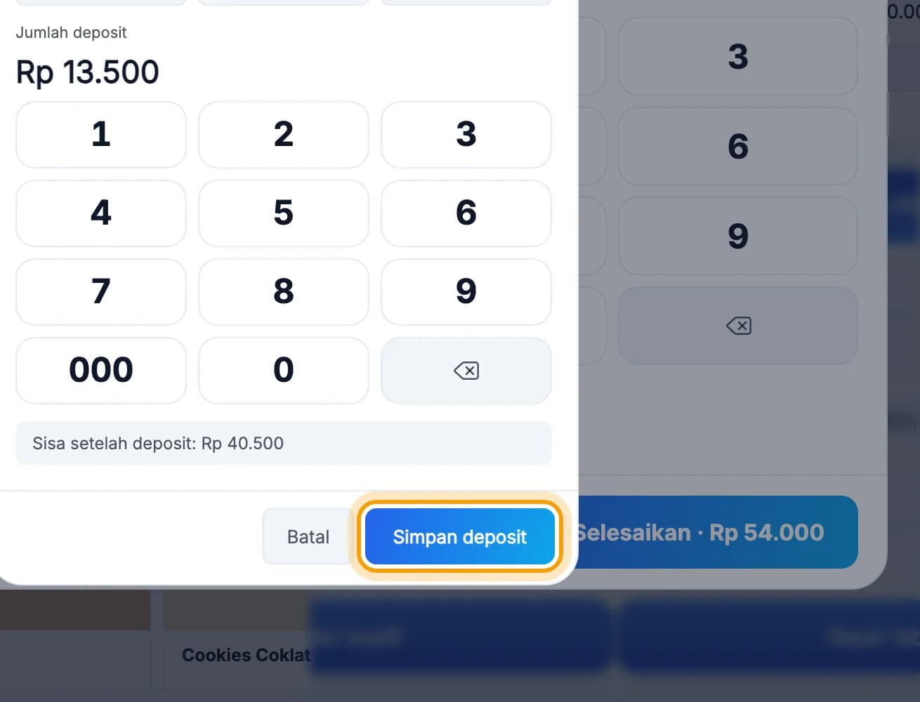 Jendela Bayar deposit, tombol Simpan deposit disorot