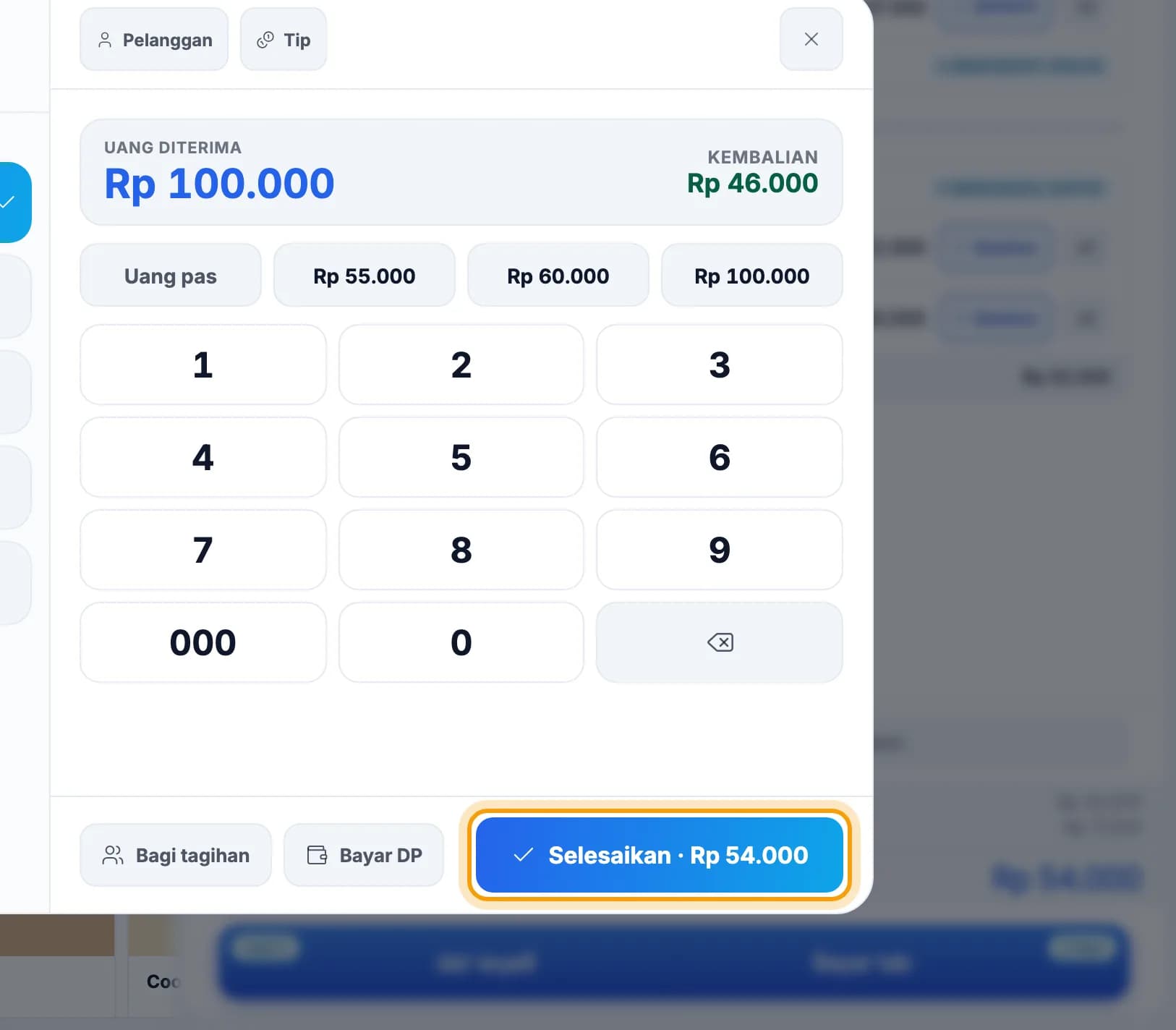Kembalian Rp 46.000 dan tombol Selesaikan disorot