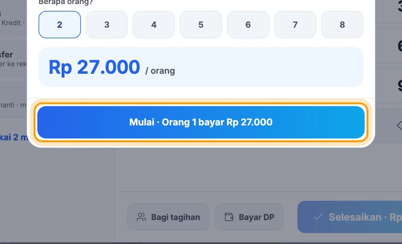 Jendela Bagi tagihan untuk 2 orang, tombol Mulai disorot