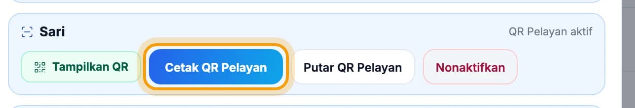 Kartu pelayan Sari, tombol Cetak QR Pelayan disorot
