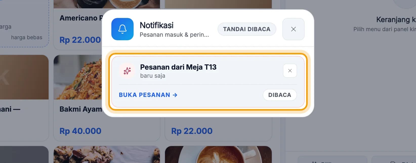Daftar Notifikasi, kartu Pesanan dari Meja T13 disorot