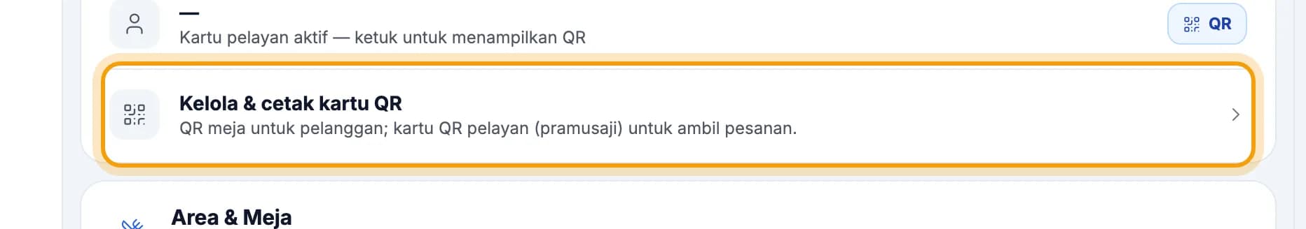 Kartu QR Meja & Pelayan, baris Kelola & cetak kartu QR disorot