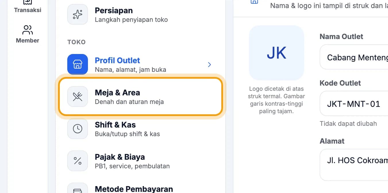 Daftar Pengaturan, Meja & Area disorot