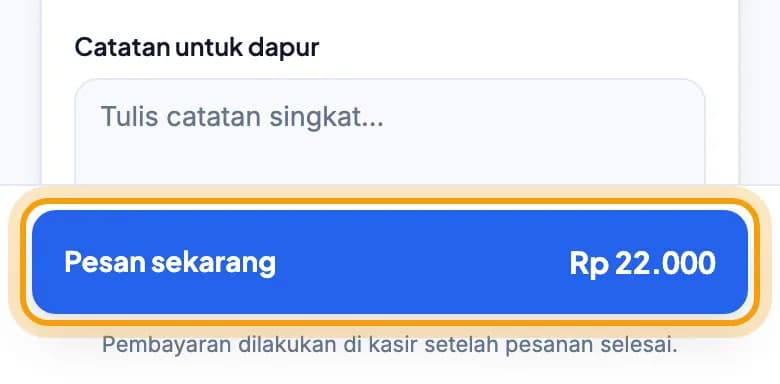 Keranjang di HP tamu, tombol Pesan sekarang disorot