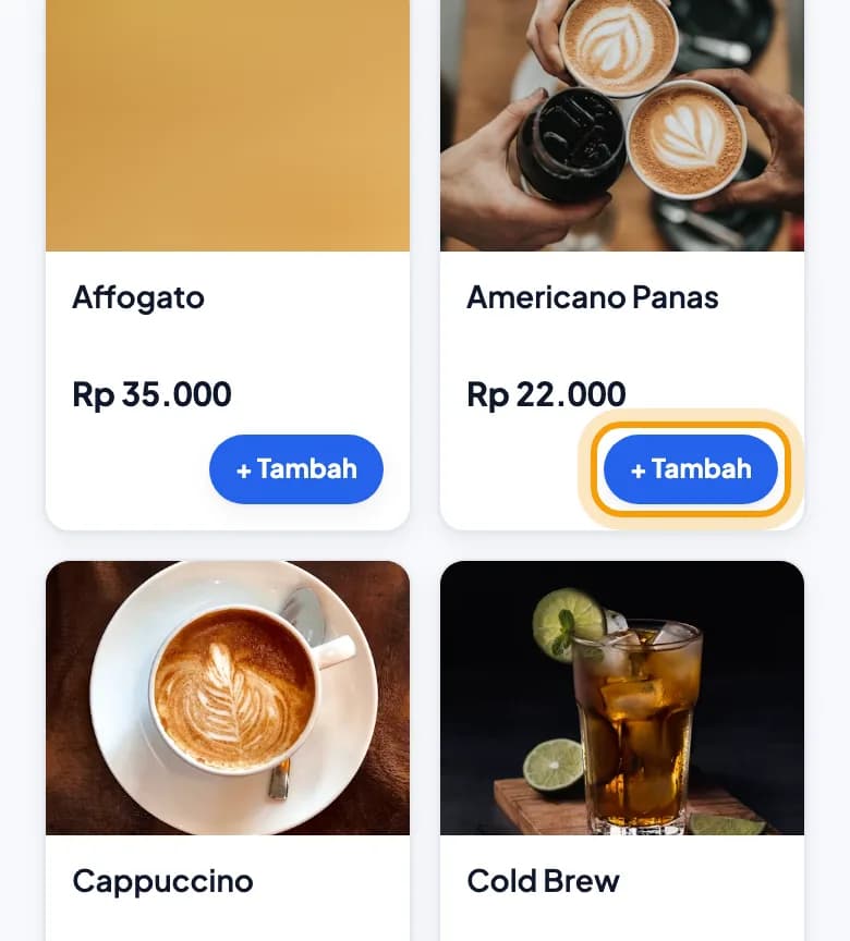Menu di HP tamu, tombol + Tambah pada Americano Panas disorot