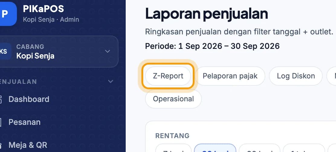 Halaman Laporan penjualan, tombol Z-Report disorot