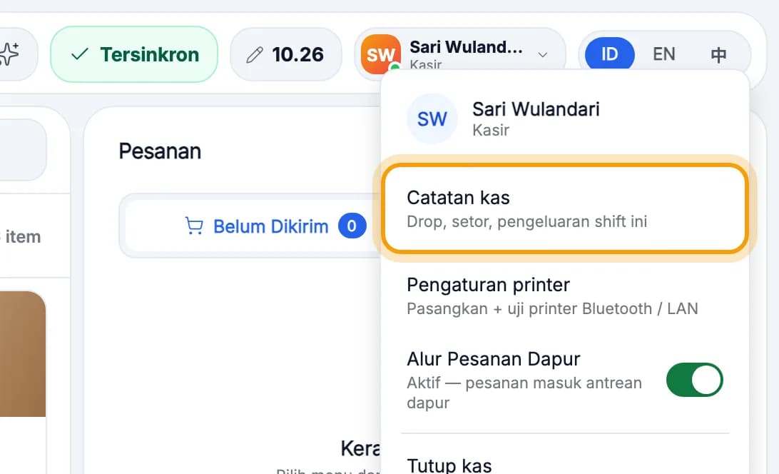 Menu pengguna terbuka, Catatan kas disorot