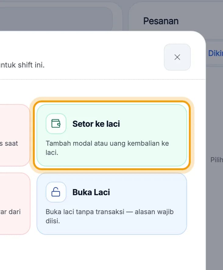 Daftar Catatan kas, Setor ke laci disorot