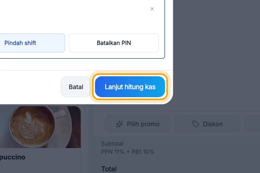 Tombol Lanjut hitung kas disorot