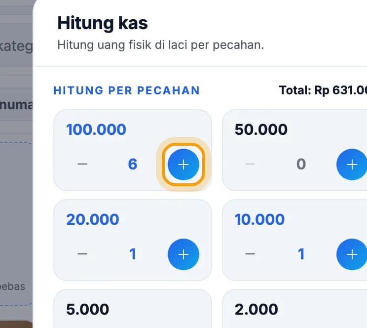 Kotak pecahan 100.000, tombol tambah disorot