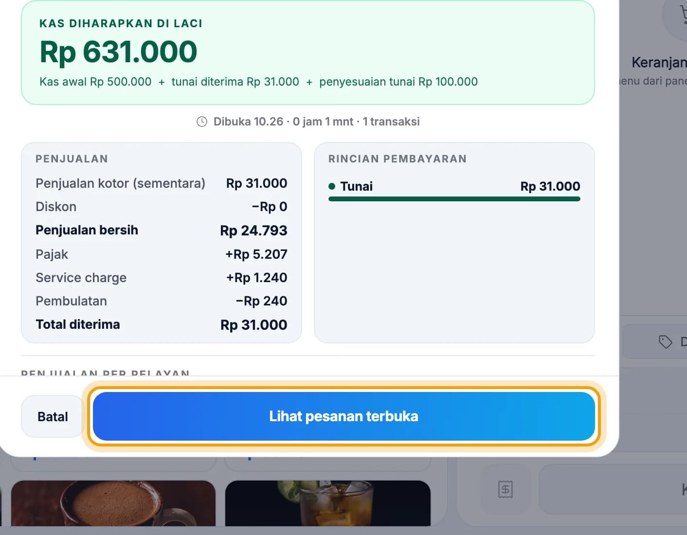 Pratinjau tutup shift dengan ringkasan penjualan, tombol Lihat pesanan terbuka disorot