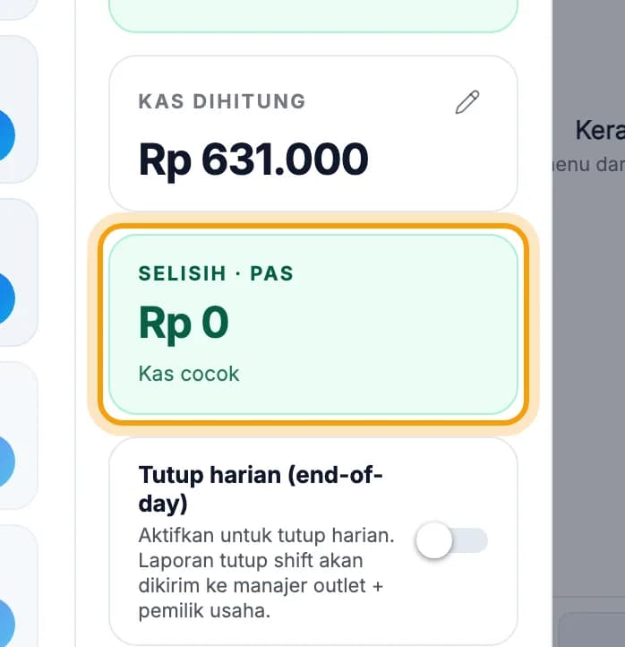 Kotak selisih bertuliskan Kas cocok disorot