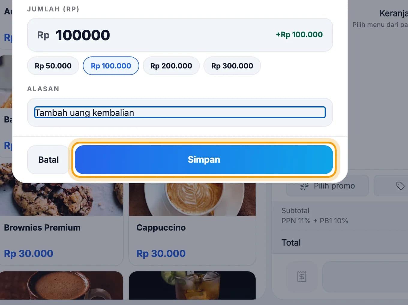 Form Setor ke laci berisi Rp 100.000, tombol Simpan disorot