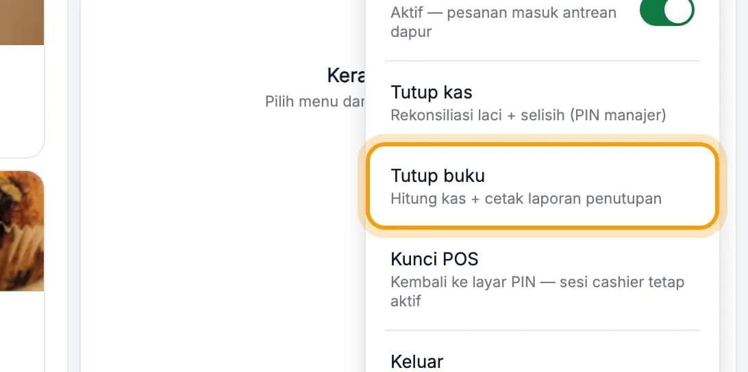 Menu pengguna terbuka, Tutup buku disorot
