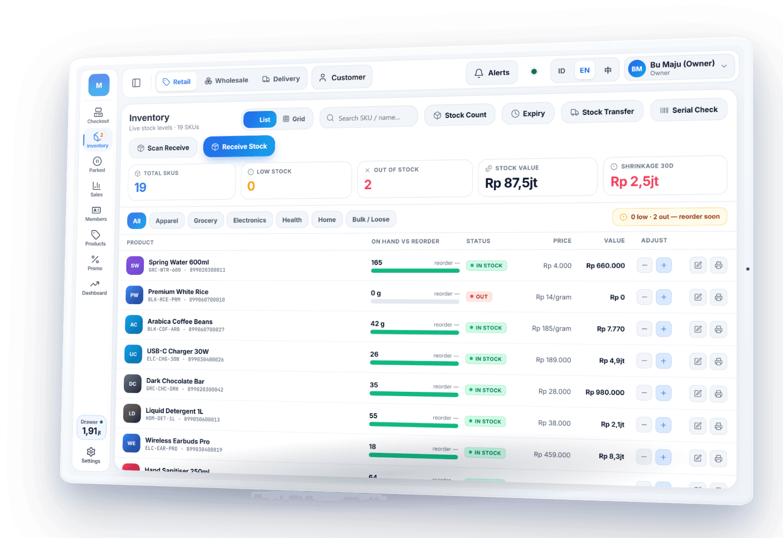PIKaPOS inventory: stock drops automatically with every sale