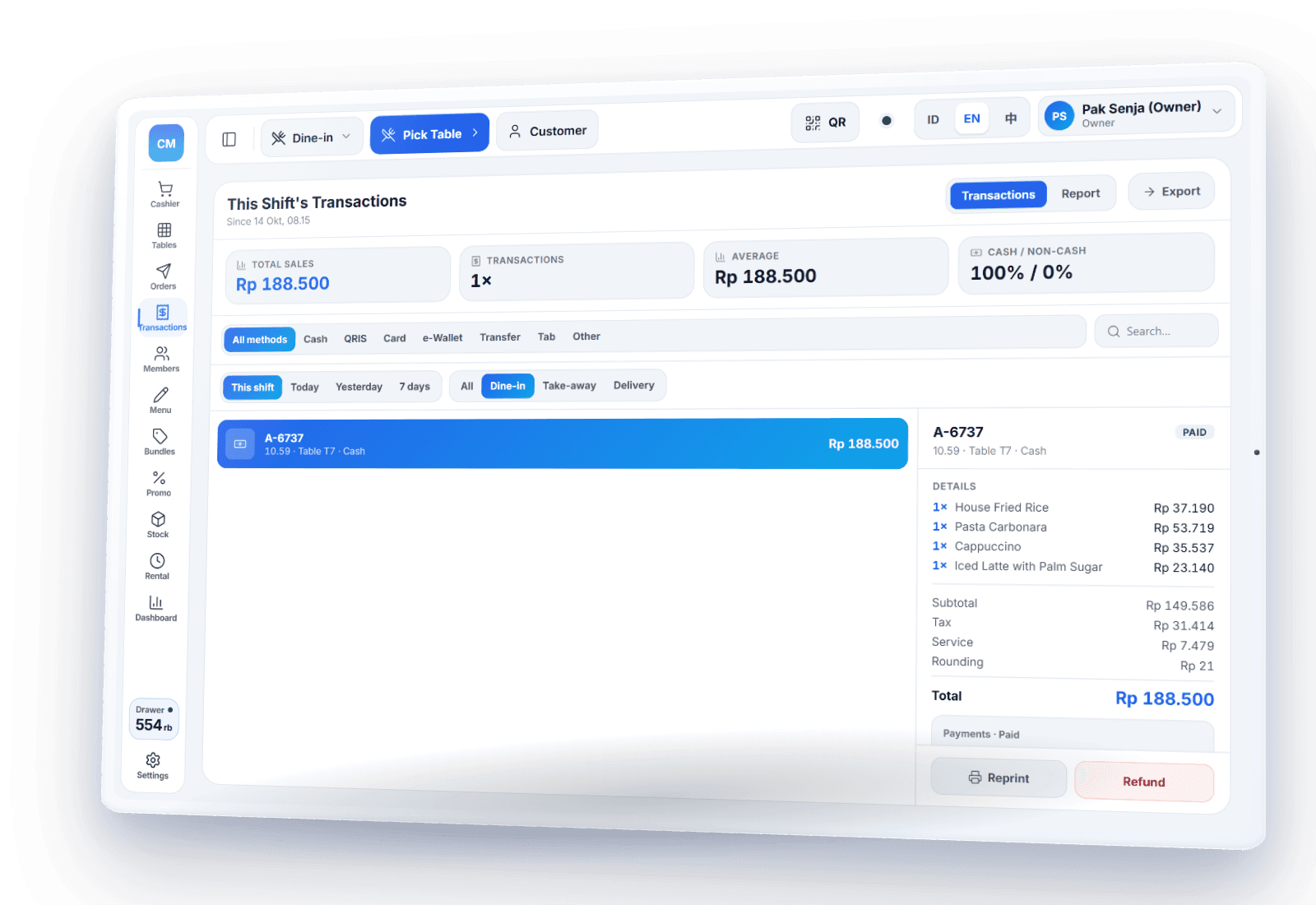 PIKaPOS reports and transactions on tablet