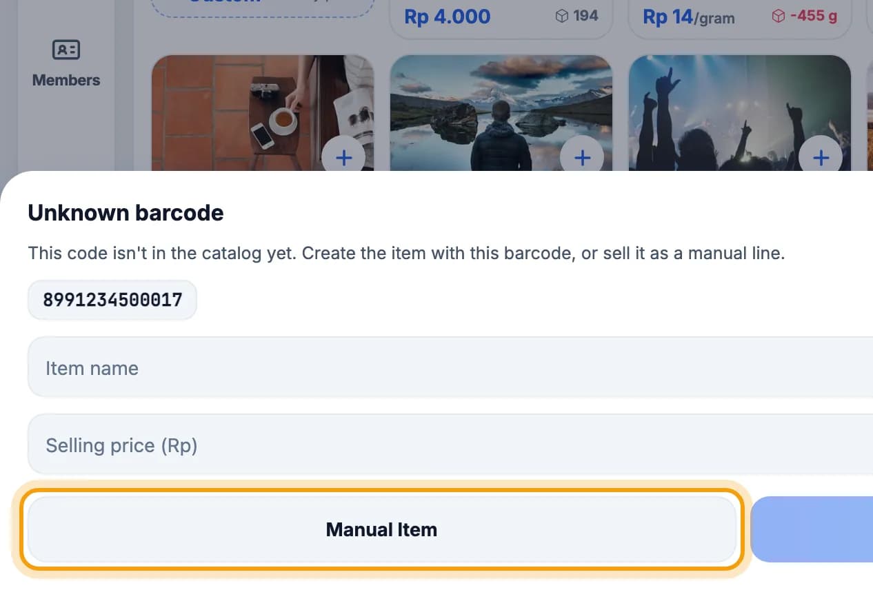 Unknown barcode window, Manual Item button highlighted