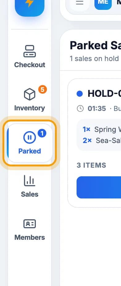 Left menu, Parked highlighted