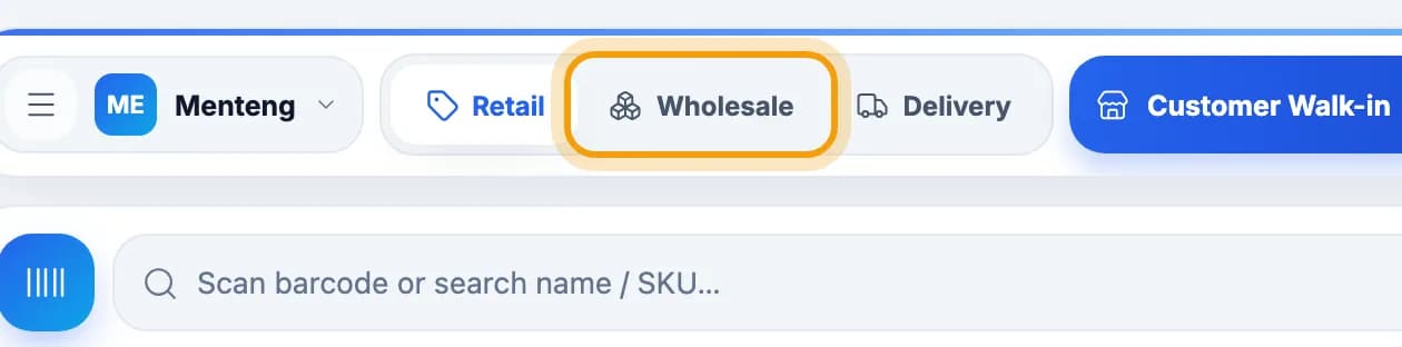 Shop till top bar, Wholesale button highlighted