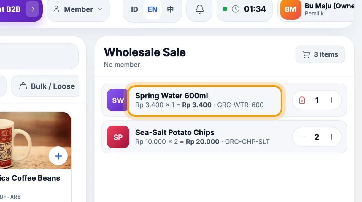 Wholesale Sale cart, the Spring Water 600ml line at Rp 3.400 highlighted
