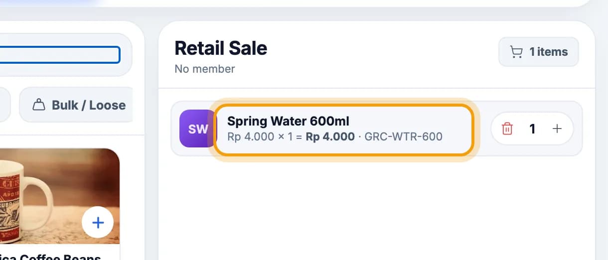 Retail Sale cart, the Spring Water 600ml line highlighted