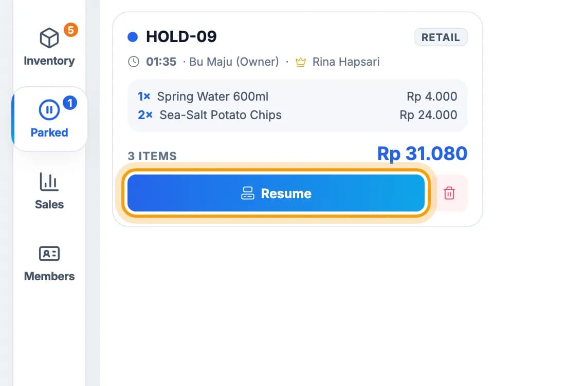 Parked sale card HOLD, Resume button highlighted