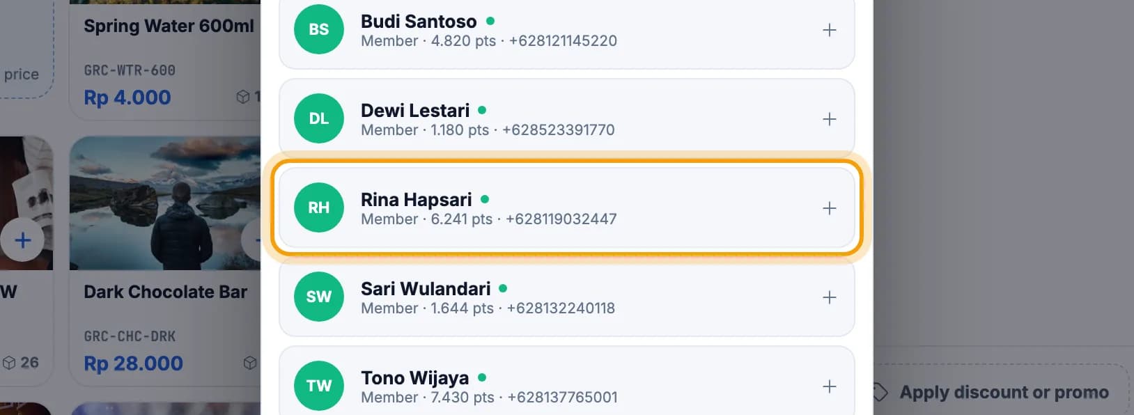 Attach Member window, Rina Hapsari's row highlighted