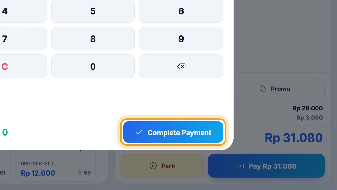 Payment screen, Complete Payment button highlighted