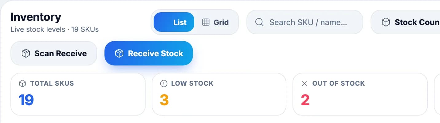 Shop till Inventory screen with Receive Stock, Stock Count and the Low Stock card