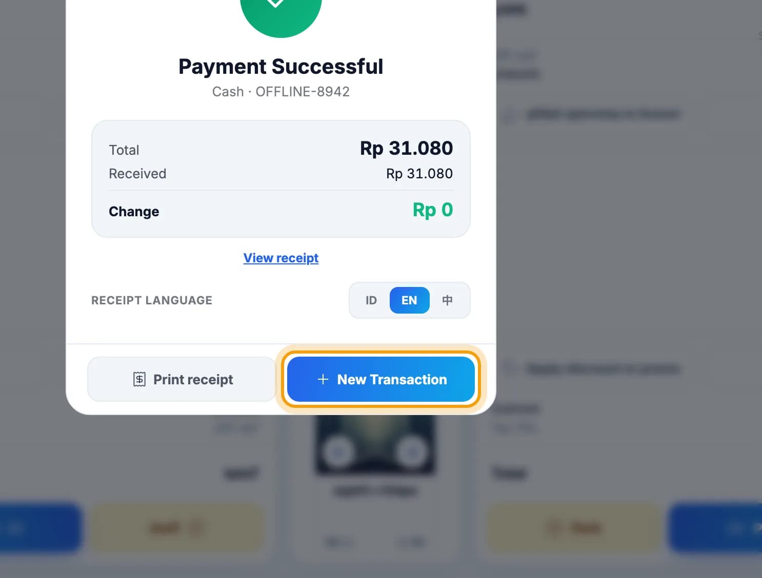 Payment successful screen, New Transaction button highlighted