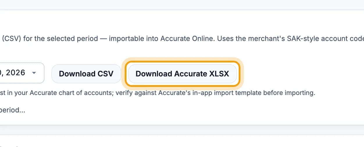 Export General Journal section, Download Accurate XLSX button ringed
