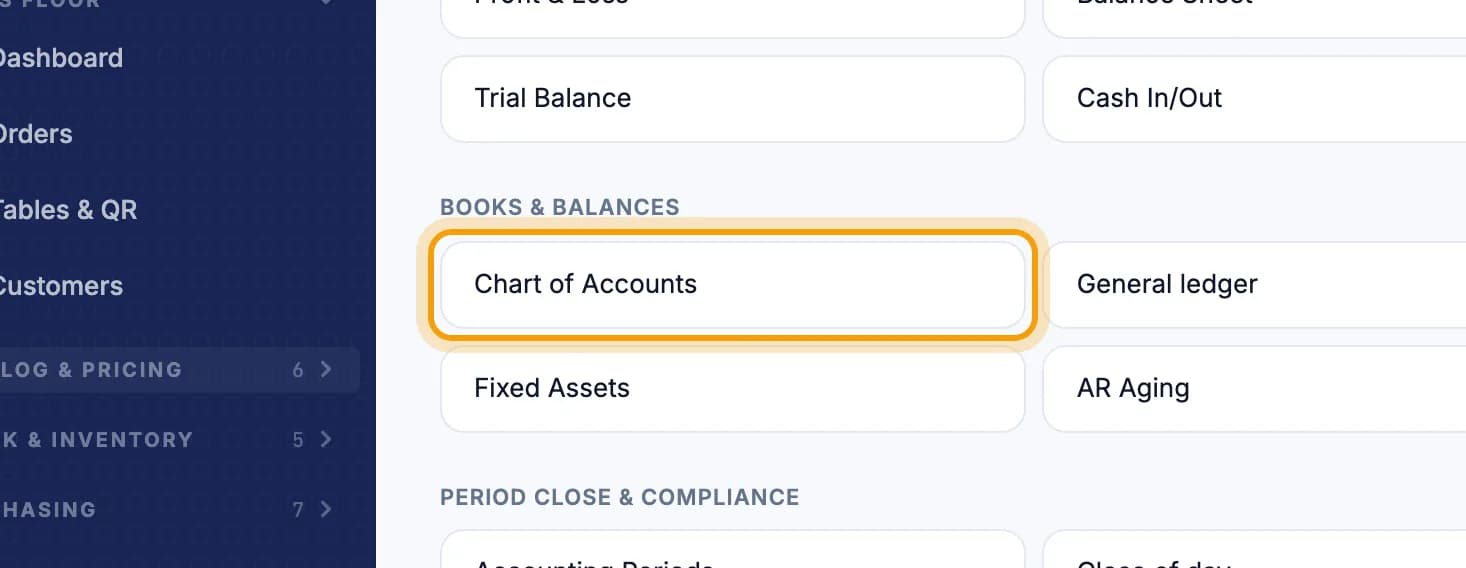 Accounting page, Chart of Accounts ringed