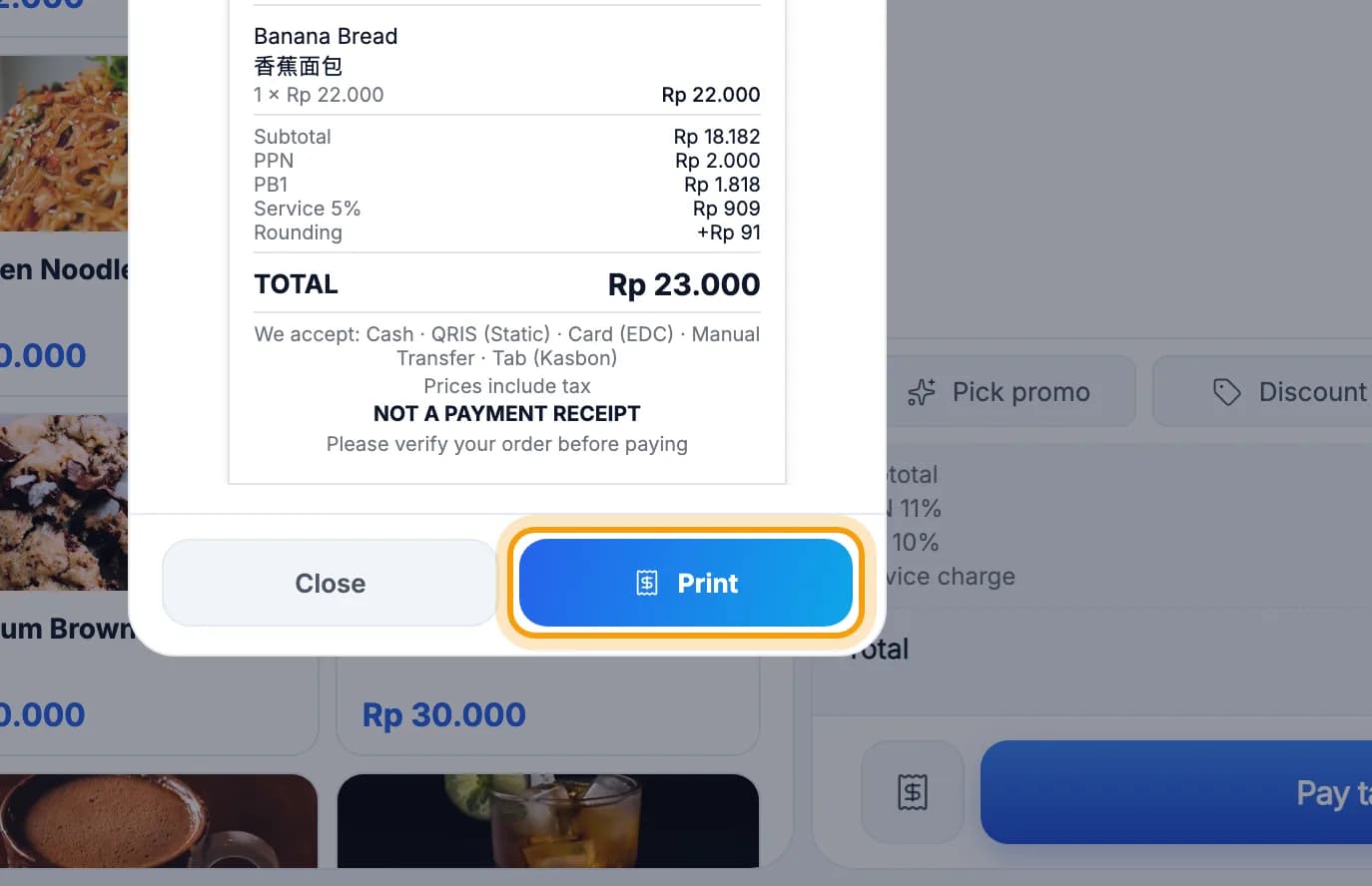 Bill check preview with the Print button ringed