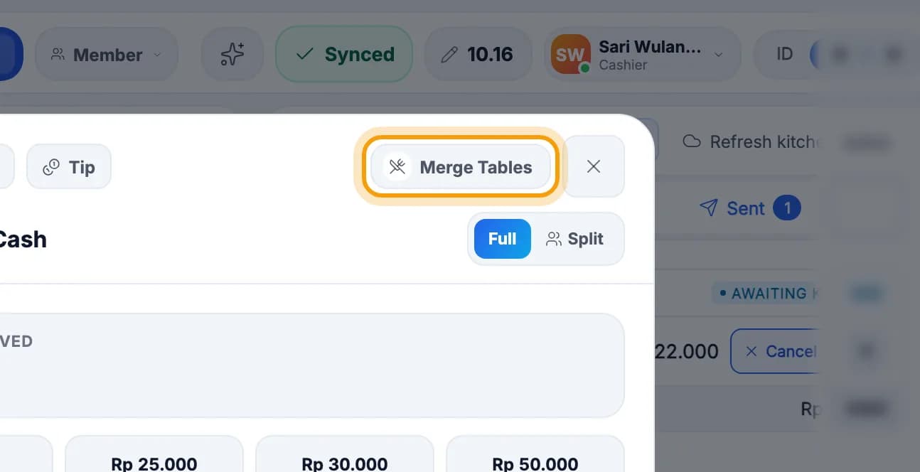 Payment screen with the Merge Tables button ringed