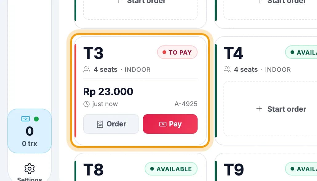 Floor Plan screen, table T3 marked To pay ringed