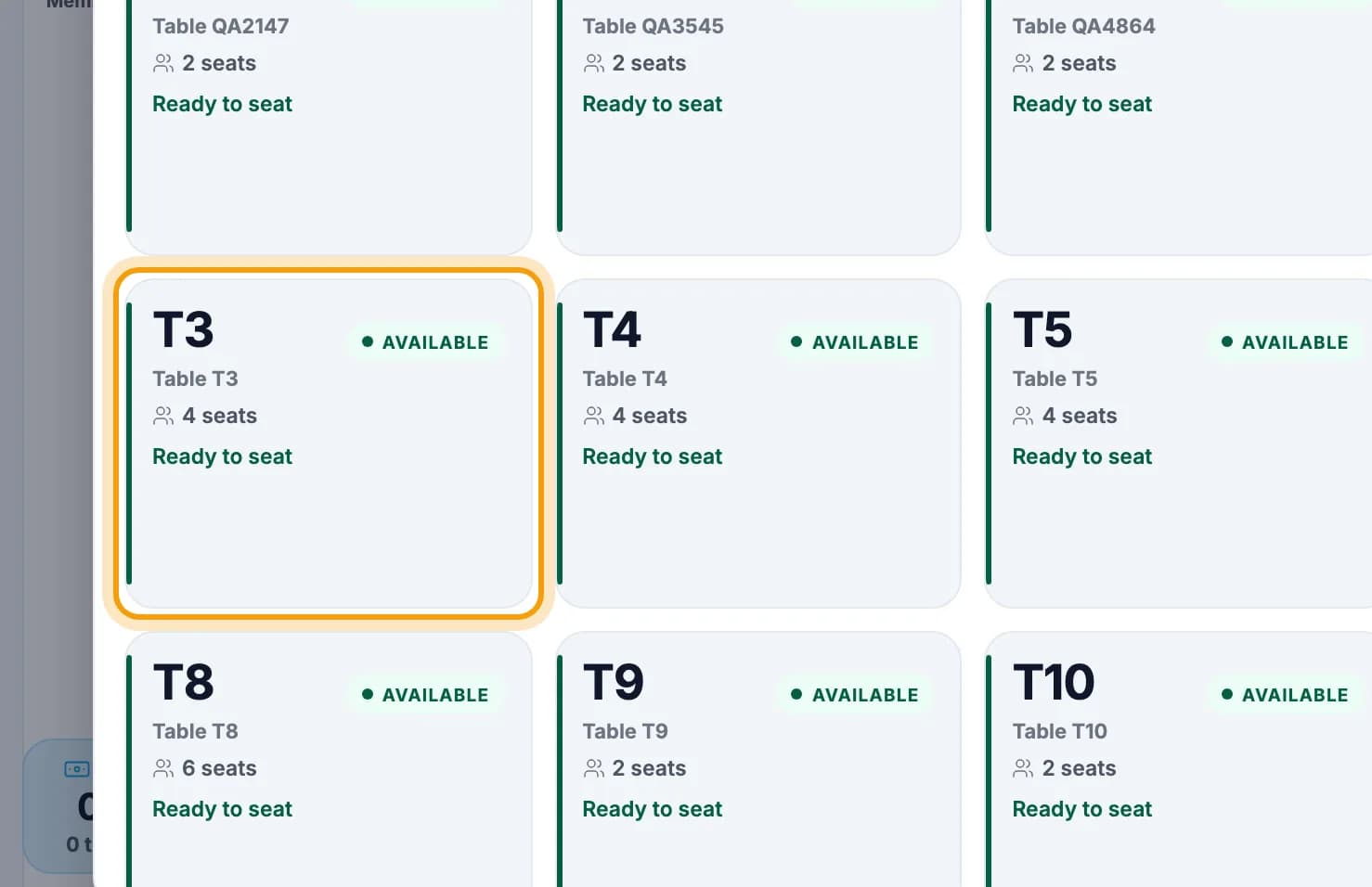 Table list with the available table T3 ringed