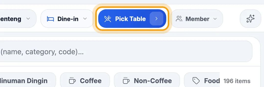 Cashier top bar with the Pick Table button ringed