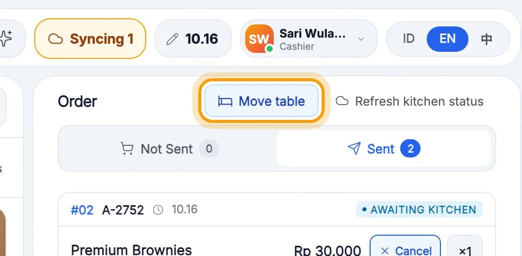 Order panel with the Move table button ringed