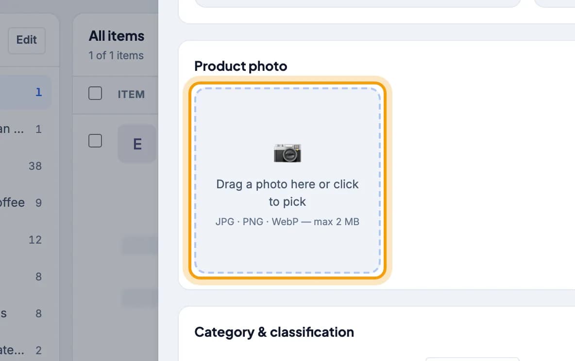 The Product photo box saying Drag a photo here or click to pick is highlighted