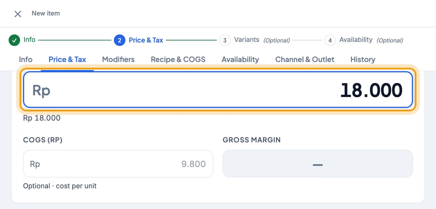 Price & Tax tab, the Price field with 18.000 is highlighted