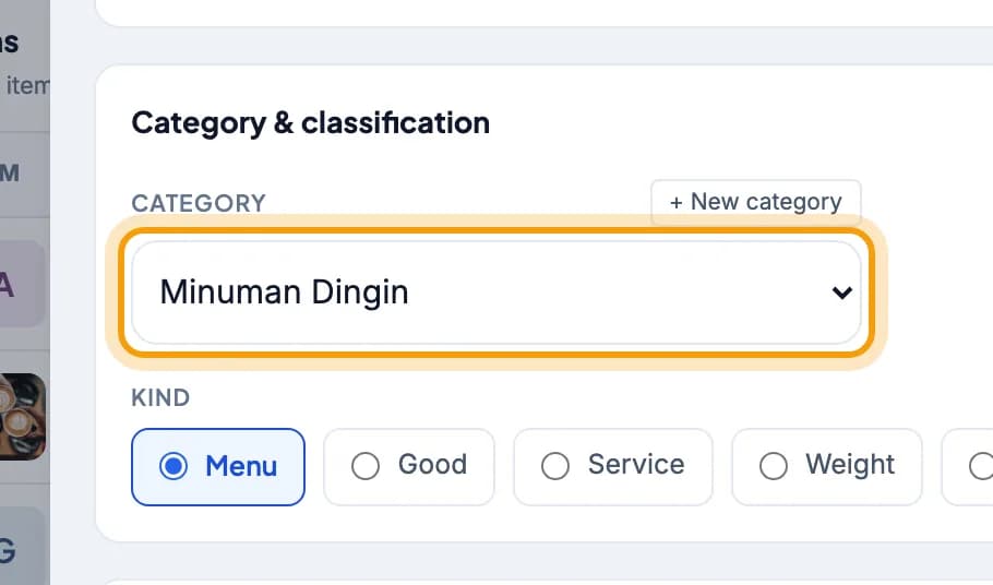 The Category picker showing Minuman Dingin is highlighted