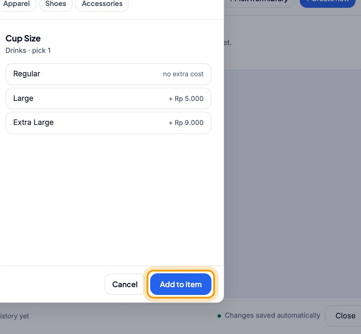 Modifier preset list with a cup size preset selected, the Add to item button is highlighted